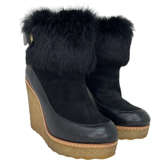 Tory Burch Andrea Rabbit Fur Wedge Soho Luxury Suede Black Size 5 - Picture 6 of 13